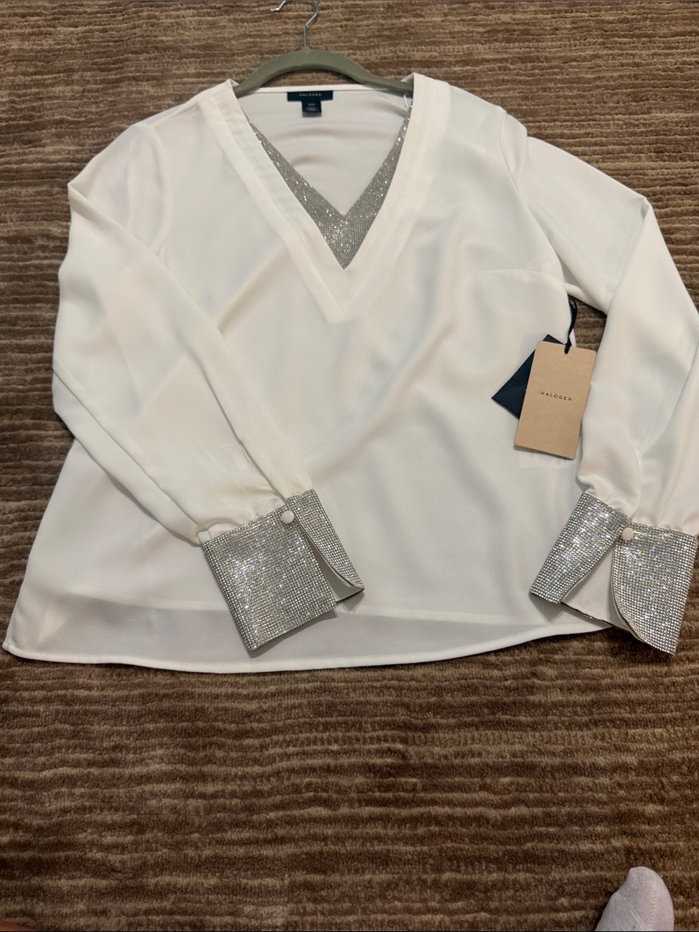 Halogen White V-Neck Blouse with Silver Sparkle Trim